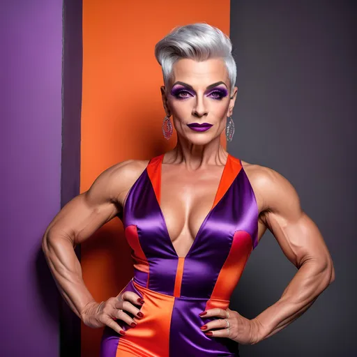 Prompt: A gorgeous muscular 45-year-old French drag queen bodybuilder with short sassy silver hair, dark eyeshadow, and dark lipstick, wearing (Spritz Aperol dress)  a fashionable dress inspired by the vibrant hues of the classic cocktail, (bright red and vivid purple colors), elegant and stylish design, summery vibe, refreshing aesthetic, delicate fabrics that mimic liquid flow, ambient lighting casting warm glows, ultra-detailed, 4K quality, playful and lively atmosphere, ideal for summer outings or gatherings, showcasing a sense of joy and celebration.