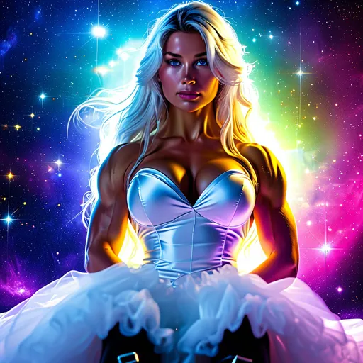 Prompt: Gorgeous ultra-muscular 25-year-old Finnish goddess bodybuilder with very long white hair, purple eyes, wearing a white dress, hands behind back, black thigh-highs, and gloves, bright pupils, space, stars , high quality, muscular body, detailed eyes, professional, atmospheric lighting, normal hands, five fingers, goddess, adult woman,. Ultra-realistic, ultra-detailed.