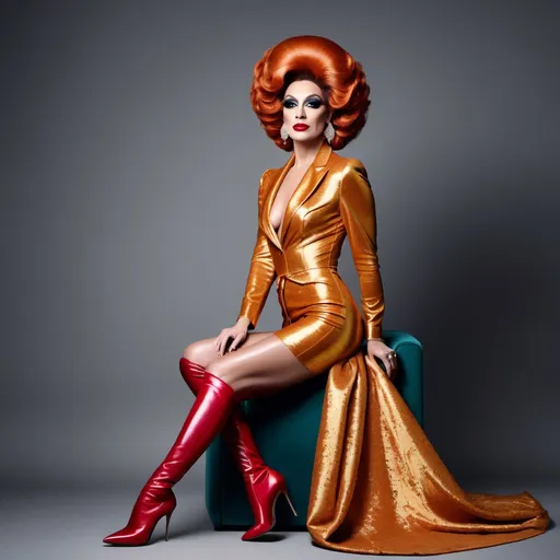 Prompt: Haute couture 35-year-old French drag queen model in a retro 1970s outfit, retro hair style, elegant and sophisticated full body pose, luxurious fabric with rich textures, high-end fashion photography