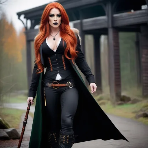 Prompt: A gorgeous ultra-muscular 25-year-old Finnish drag queen bodybuilderwith very long burnt orange hair wearing a long black coat, with a black waistcoat and a white shirt, unbuttoned at the top . She carries a walking cane with a red crystal, round handle. She has green eyes. In the style of gothic & steam punk. She is about 25 years old. wearing a heavy, black coat, black pants, and 8 inch high heel shoes. Composition focus on legs and full-body.