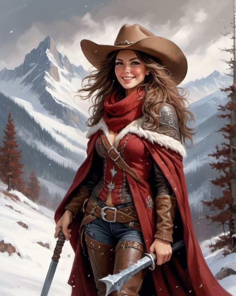 Prompt: A fantasy painting of a proud gorgeous rugged cowgirl with huge busom in winter snowy mountains. She is wearing a dark red cloak lined with fur and a scarf over metal armor. She has ridiculously long wavy autum hair and a brown cowboy hat. She is holding a halberd. It is snowing and windy. She is smiling. Cowboy hat.