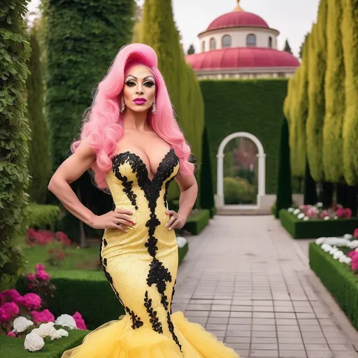 Prompt: Gorgeous ultra-muscular 25-year-old Turkish drag queen bodybuilder with big busom and pink hair in a yellow mermaid wedding dress that has black lace appliques on the widest parts of the dress, but not on the top. Posing in a beautiful botanical garden.