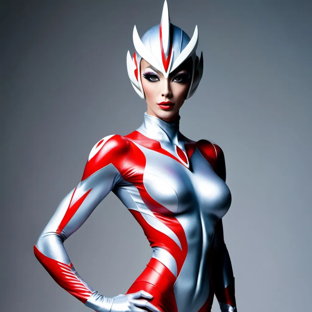 Prompt: If Ultraman was a gorgeous supermodel drag queen (full length photo) with long muscular legs and a very muscular physique