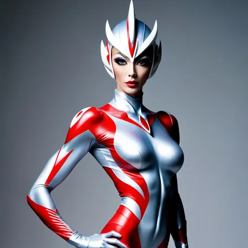 Prompt: If Ultraman was a gorgeous supermodel drag queen (full length photo) with long muscular legs and a very muscular physique