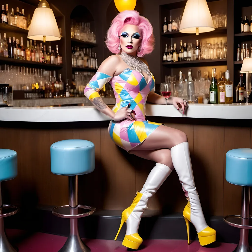 Prompt: Alluringly beautiful curvaceous Norwegian drag queen, flawless diamond face, pixie cut pink hair, ice blue eyes, dark eyeshadow, 
dark lipstick , comely pose, yellow & white harlequin pattern dress, 8 inch stiletto high heel white boots, standing at an upscale bar, high-res, warm light, pro-photo