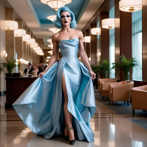 Prompt: A gorgeous  muscular 25-year-old Czechian 
drag queen wearing a powder blue silk dress with a square neck line, draped fabric on the full-length skirt with a structured bodice, dark eye makeup and dark lipstick,  8 inch stiletto high heel shoes walking through a high-quality hotel lobby. 

