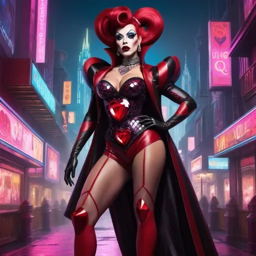 Prompt: Gorgeous muscular cyberpunk drag queen (Disney's) Queen of Hearts, great legs, crystal high heels,  dark lipstick.