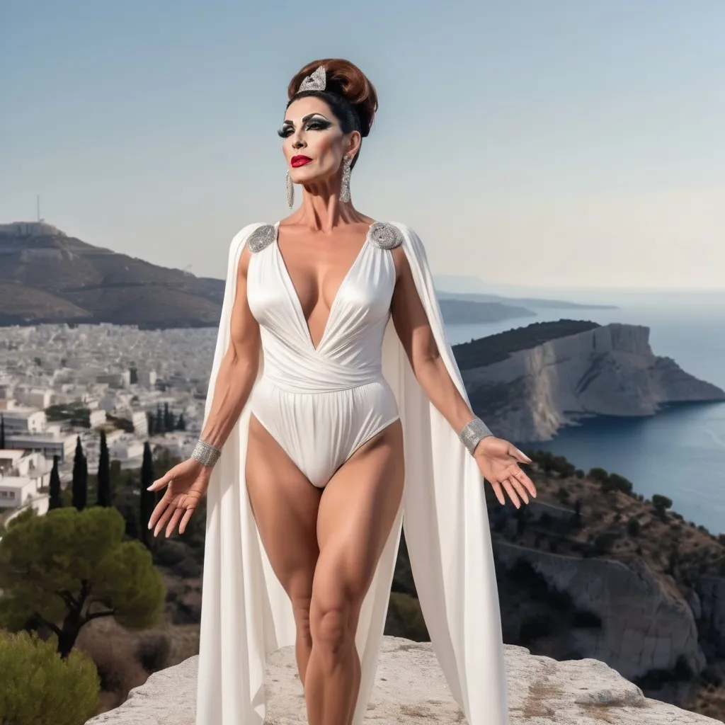 Prompt: Gorgeous ultra-muscular 40-year-old Greek drag queen (strong jawline chin and brow features) with big busom, long muscular legs, and Salt & pepper updo hair. Wearing sheer white robes. Standing on a cliff in a Jesus christ pose looking up to the sky with the Athens down below in the background. 