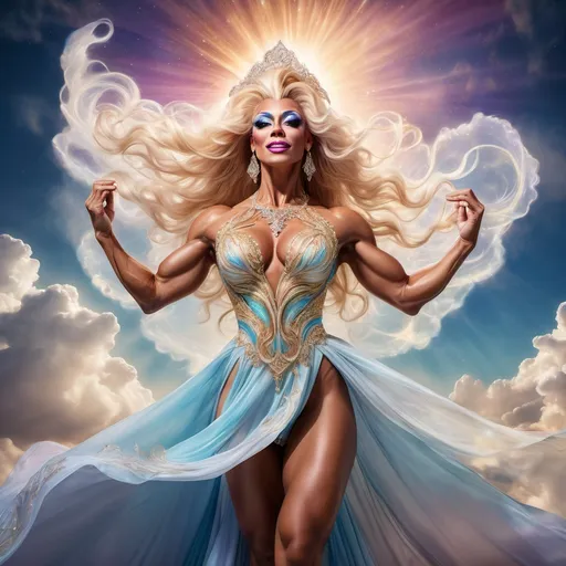 Prompt: The most beautiful caucasian drag queen bodybuilder in Heaven wearing the traditional Heaven dress.