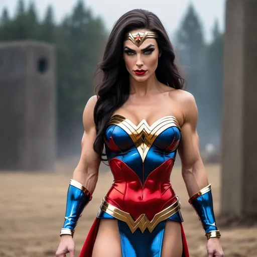 Prompt: Gorgeous ultra-muscular 25-year-old Baltic drag queen bodybuilder Wonder Woman (((DC Comics))) with large busom and long black shiny hair, 8 inch stiletto high heel boots. Twirling her golden lasso on a battlefield. 