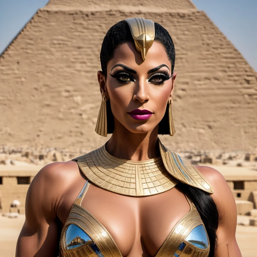 Prompt: A stunning portrait of gorgeous muscular 35-year-old Egyptian drag queen bodybuilder Cleopatra, the Queen of Egypt, depicted with regal elegance and beauty. Standing majestically before the Great Pyramids of Giza


