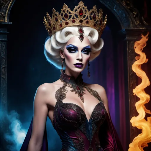 Prompt: The most beautiful caucasian drag queen  in Hades wearing the traditional Hades dress.