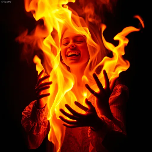 Prompt: Now it's burning her hands
She's turning to laugh
Smiles as the flame sears her flesh
Melting her face, screamin' in pain
Peeling the skin from her eyes
Watch her die according to plan
She's dust on the ground, what did we learn?