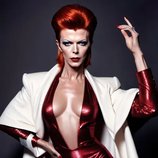 Prompt: If David Bowie was a gorgeous muscular drag queen (full length photo) with long muscular legs and a very muscular physique. Performing in a beautiful gown. Dark eye shadow, heavy mascara, and dark red lip stick.