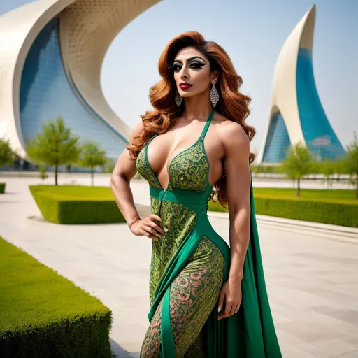 Prompt: Harem pajama. (Gorgeous ultra-muscular 25-year-old Pakistani drag queen bodybuilder model). Outdoor fashion shoot at Heydar Aliyev Centre in Baku, Azerbaijan.
(natural sunlight), vibrant colors, (soft flowing fabric), lush greenery background, (summer vibe), high fashion styling, (HD), (dynamic pose), (intricate lace details), dark eye makeup, dark lipstick, light breeze creating movement, captivating atmosphere.