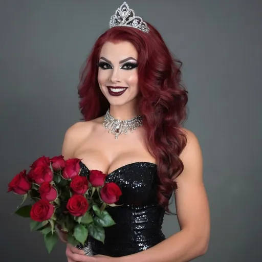 Prompt: Gorgeous muscular 18-year-old caucasian Hungarian drag queen prom queen bodybuilder (extremely strong masculine facial features) smiling beautifully while posing on the (high school) gymnasium stage holding a bouquet of roses. Long wavy very stylish dark red hair, dark eyeshadow, dark lipstick, heavy mascara,  large busom. Beautiful, classy, and flirty sequined gown, 8 inch stiletto high heel shoes.