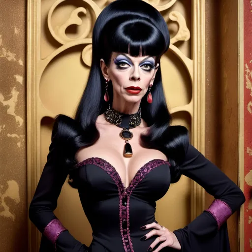 Prompt: Don Knotts dressed up as Elvira in Miu Miu, (gothic glamour), muscular figure, hourglass figure, fashion-forward ensemble, (vibrant colors), striking contrast, bold accessories, dramatic makeup, (elaborate details), captivating pose, abstract background, playful yet elegant vibes, high fashion atmosphere, ( HD, ultra-detailed), stylish urban setting, blending classic horror aesthetic with contemporary fashion.