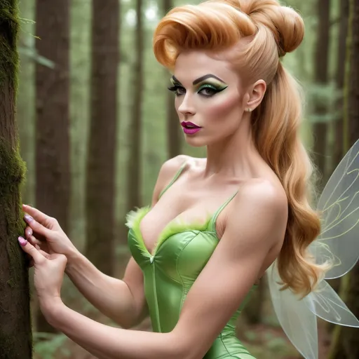 Prompt: Gorgeous 25-year-old (caucasian) muscular French drag queen ((very strong masculine jawline and brow)) with fit figure, and long strawberry-blonde updo hair (((blowing in the wind))), dressed as Tinkerbell, sheer nylon stockings, and 8 inch stiletto high heel shoes, posing in the forest, pixie dust in the air..