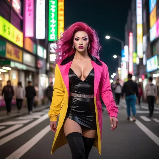 Prompt: Beautiful muscular 25-year-old Eurasian drag queen bodybuilder walking in busy Shibuyan Crossing Tokyo, nightscape, flawless oval face, vibrant green eyes, long auburn-magenta-pink tinted hair, dark eye makeup, dark lipstick, yellow jacket, white blouse, dark gray skirt, black boots, fluid dynamic movement, high-res, pro photo, urban, vibrant colors, detailed facial features, elegant, professional lighting