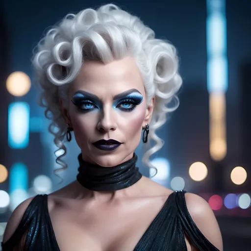 Prompt: (realistic image of futuristic French drag queen age-55), (muscular, pretty, curvy, muscular), light skin, (curly white updo hair), blue eyes, (dressed in a black dress), dark eye makeup, dark lipstick, posed flirty, futuristic city background, misty morning, (rich textures), (soft lighting), (ultra-detailed), 4k quality, opulent decor.