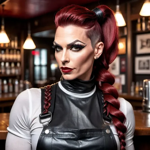 Prompt: Gorgeous muscular 35-year-old nerdy drag queen with long braided dark red ponytail,((strong masculine jawline and brow features)), creased wrinkled shiny black leather bib overalls with turtleneck, standing in a college pub. 