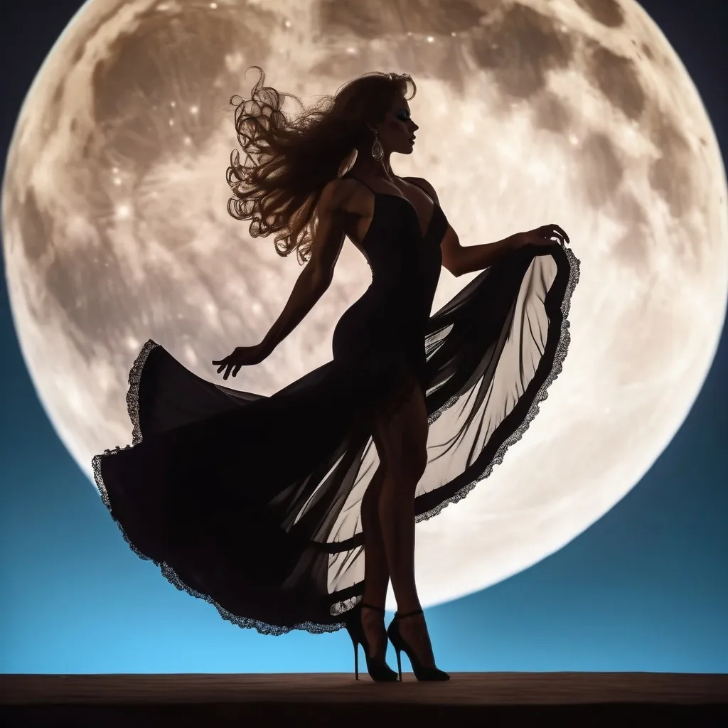 Prompt: Gorgeous muscular 25-year-old Hungarian drag queen bodybuilder (with long wavy hair, flamenco dress and 8 inch stiletto high heel shoes) dancing flamenco in silhouette through a giant full moon.