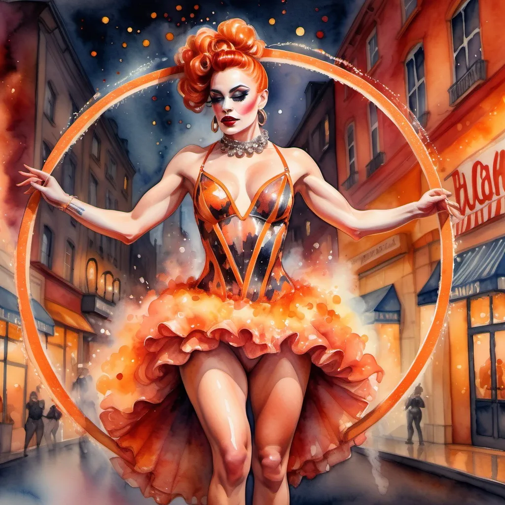 Prompt: Watercolor impressionist art, professional elegant circus stunning muscular 25-year-old French drag queen performer wearing intricate dance outfit playing a set of hula hoops made of lava elements and burning charcoal with elegant action on top of a building , and  a fire elements come out from inside her forming a orange and red trail of sparkling dress, illuminated bokeh twinkling glittery background. studio lighting. Mesmerizing and spectacular splendid performance. Masterpiece of art, thrilling and exciting to view from the audience.