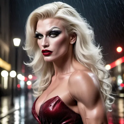 Prompt: Dolph Lundgren dress as A hyper realistic flawless 25-year-old gorgeous Austrian drag queen bodybuilder with platinum blonde hair walking the streets as a classy debutante on a dark and rainy night. Heavy eye makeup. Dark red lipstick.