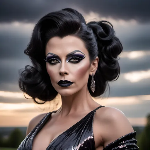 Prompt: Gorgeous muscular 35-year-old Czechian drag queen with long black flowing updo hair, dark eyeshadow and dark lipstick, long flowing sequined gown, romantic outdoor setting, dramatic sky, An ultra-realistic photograph captured with a Sony α7 III camera, equipped with an 85mm lens at F 1.2 aperture setting,  The image, shot in high resolution and a 16:9 aspect ratio, captures the subject’s natural beauty and personality with stunning realism –ar 16:9 –v 5.2 –style raw