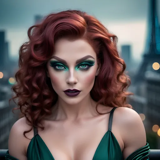 Prompt: (realistic image of futuristic French drag queen age-25), (muscular, pretty, curvy, muscular), light skin, (curly dark red hair), blue eyes, (dressed in dark green dress), dark eye makeup, dark lipstick, posed flirty, futuristic city background, misty morning, (rich textures), (soft lighting), (ultra-detailed), 4k quality, opulent decor.