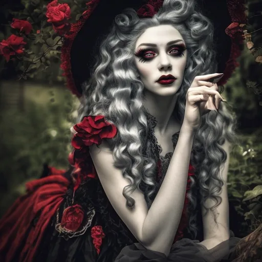 Prompt: young stunningly gorgeous rag queen witch, deep gray eyes, deep look, very long red hair, light contrast, baroque intricate portrait, young drag queen witch sitting in her garden house