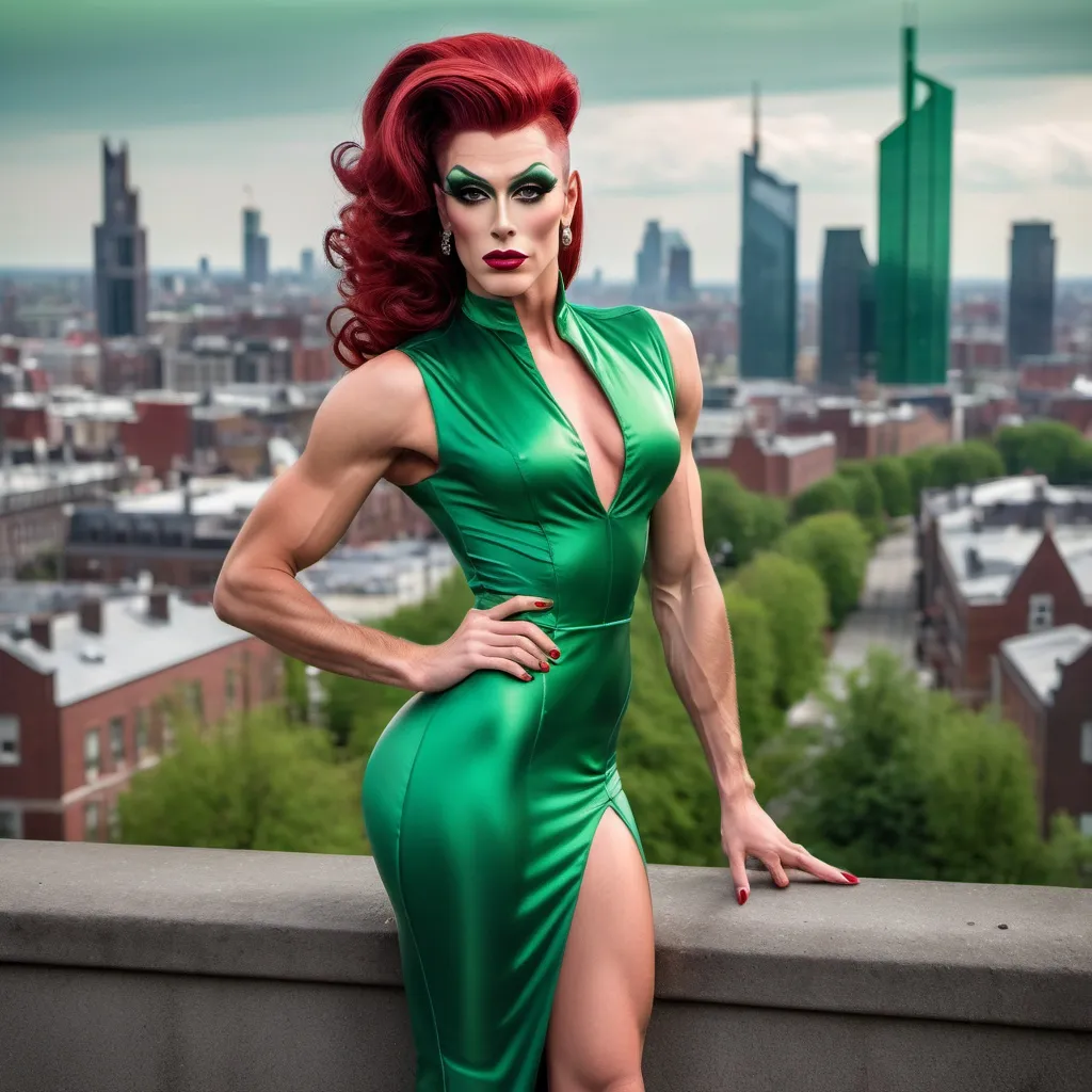 Prompt: A handsome man is dressed up as a Gorgeous muscular 25-year-old Belgian drag queen (strong masculine jawline and brow) with very long dark red tight updo hair in a green outfit and 8 inch stiletto high heel shoes, with a cityscape background, Erlund Hudson, transgressive art, promotional image, a character portrait