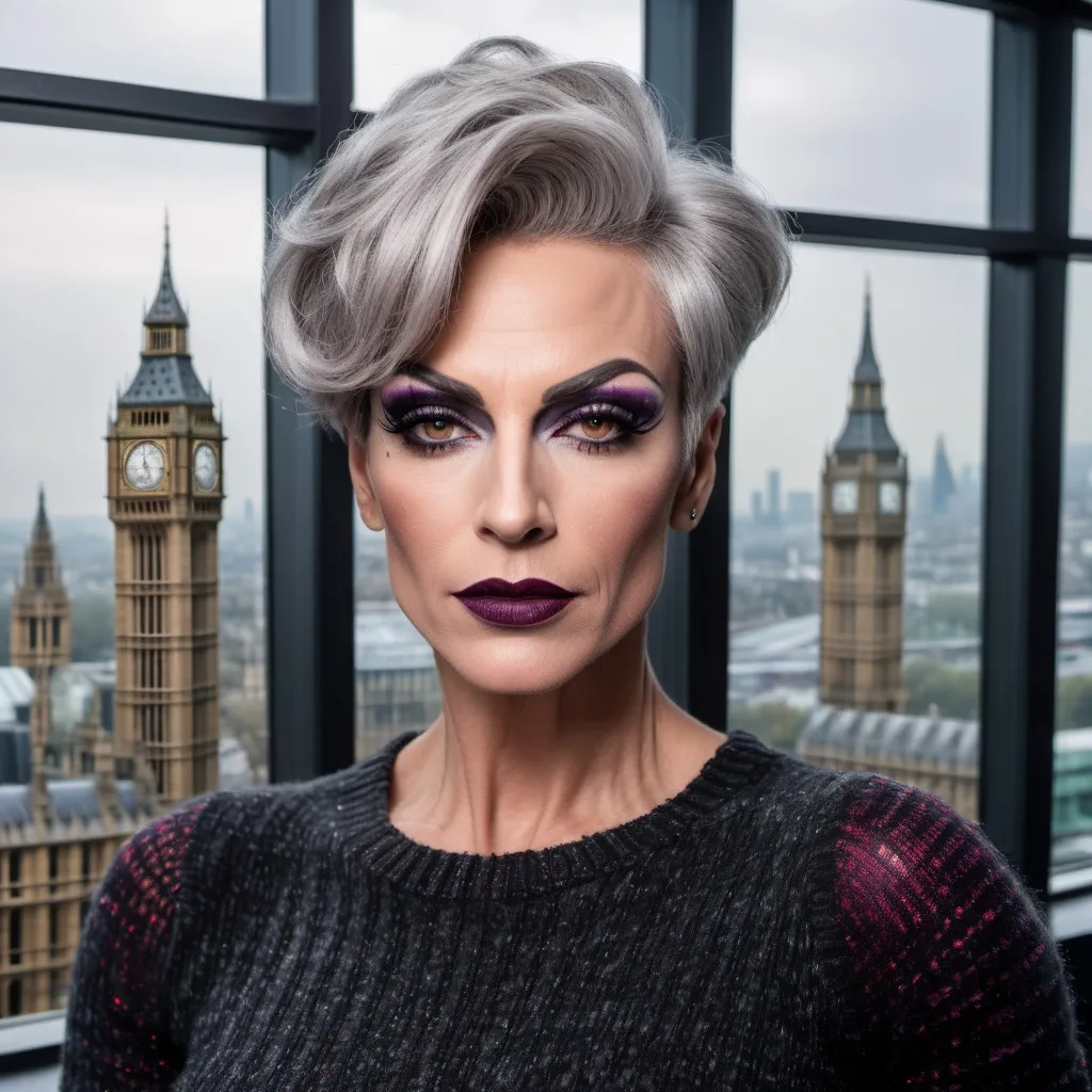 Prompt: Gorgeous muscular 45-year-old French drag queen with strong masculine jawline,  short swept over graying hair, dark eyeshadow, and dark lipstick, in the CAD office wearing a chenille knitted sweater, next to the window with London city and Big Ben view