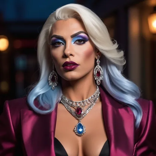 Prompt: Beautiful suntanned muscular 35-year-old Spanish drag queen, striking icy blue eyes, arched brows, prominent cheekbones, long thick & silky silver-blonde hair draped covering one eye, (smoky makeup with dark eyeshadow and burgundy lips), ruby earrings, sapphire & ruby mesh necklace. (Slightly chubby), wearing Stylish purple blazer, sky-blue blouse, vibrant colors, warm lighting, soft shadows, photorealistic, ultra-detailed 8K resolution, professional photography, fashion-forward style, intense dangerous gaze, mysterious ambiance.