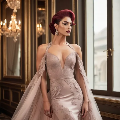 Prompt: Gorgeous muscular 25-year-old Turkish drag queen bodybuilder (strong masculine jawline and brow facial features) with short dark red hair dressed in a delicate Valentino dress, ethereal elegance, soft flowing fabric, intricate lace details, graceful pose, capturing a moment of poise, muted colors with gentle pastel tones, background featuring an opulent setting, dreamy ambiance, ultra-detailed, high quality, focusing on fashion artistry, bringing forth luxury and sophistication.