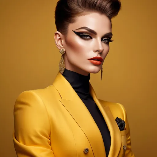 Prompt: A mesmerizing portrait graces the cover of an elite fashion magazine, capturing the essence of high-end sophistication. Set against a sunrise-yellow backdrop, the gorgeous, muscular, Polish, drag queen (masculine jawline and brow facial features), model exudes confidence and allure, adorned in exquisite fashion garments that epitomize elegance and class. This breathtaking image transcends traditional notions of style, embodying an innovative vision of haute couture that pushes the boundaries of modern aesthetics.