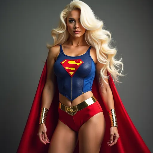 Prompt: Gorgeous ultra-muscular 25-year-old Greek drag queen bodybuilder with very long wavy platinum blonde hair dressed as Supergirl.