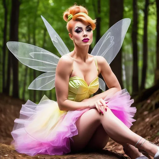 Prompt: Gorgeous 25-year-old (caucasian) muscular French drag queen ((strong masculine jawline and brow)) with fit figure, and long strawberry-blonde updo hair (((blowing in the wind))), dressed as Tinkerbell, sheer nylon stockings, and 8 inch stiletto high heel shoes, posing in the forest, pixie dust in the air..