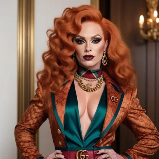 Prompt: I would like to create a beautiful muscular 35-year-old Norwegian drag queen. Full burnt orange curly hair, big busom, and full burgundy lipstick, designer gucci pattern outift gucci designer outfit