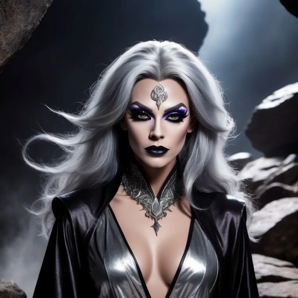 Prompt: (35-year-old gorgeous drag queen sorceress), striking black eyes, silver dark hair with silver streaks, (aura of power), good-looking features, masculine jawline and brow, dark eyeshadow, dark lipstick, wearing mystical robes, ancient runes glowing faintly, dramatic lighting casting shadows on his face, (mysterious ambiance), atop a rocky cliff with a stormy sky, wisps of magic swirling around him, ultra-detailed, cinematic atmosphere.