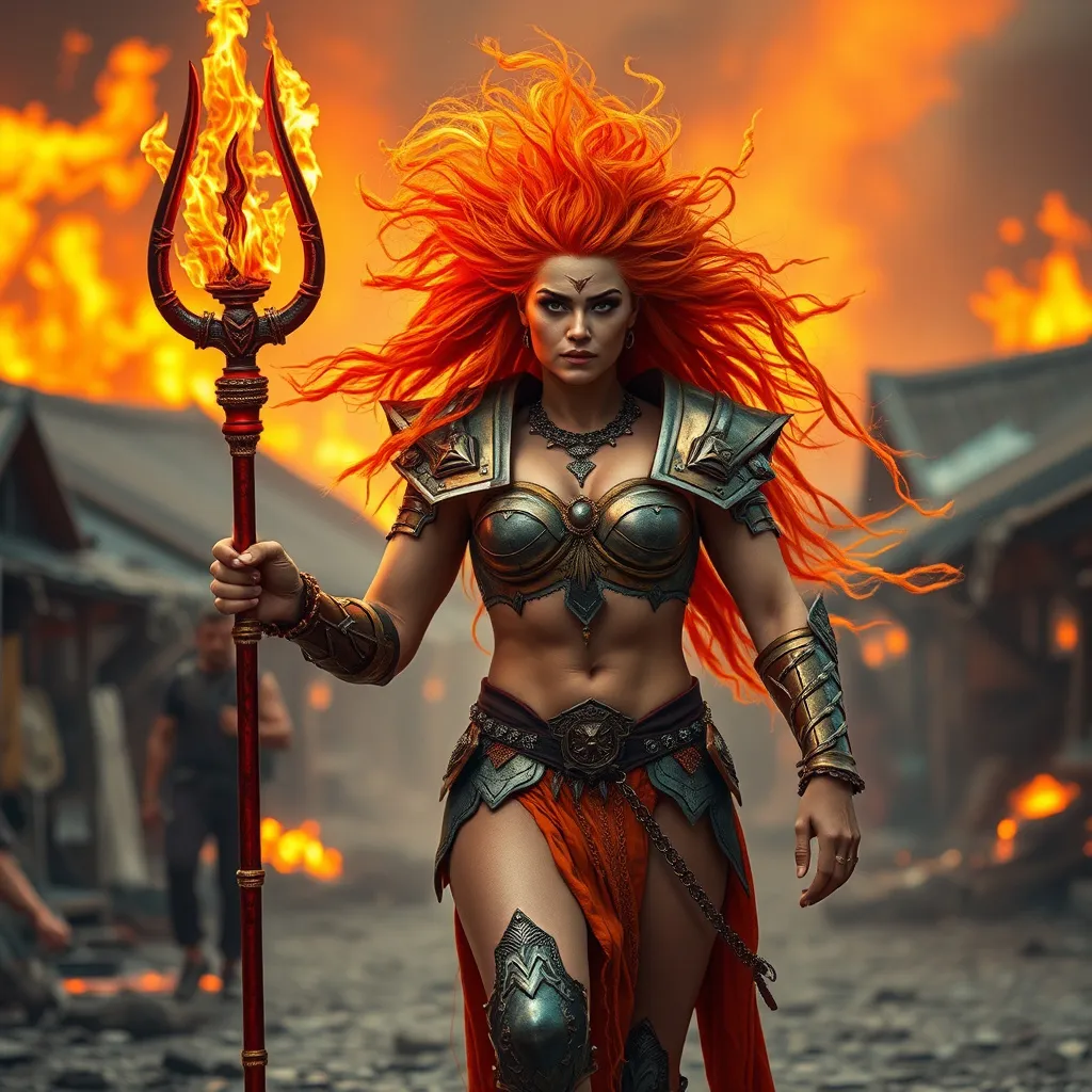 Prompt: Gorgeous muscular 25-year-old (Caucasian) drag queen goddess carrying a flaming trident, wearing armor of fire, ridiculously long flowing hair of fire, walking through a burning town.