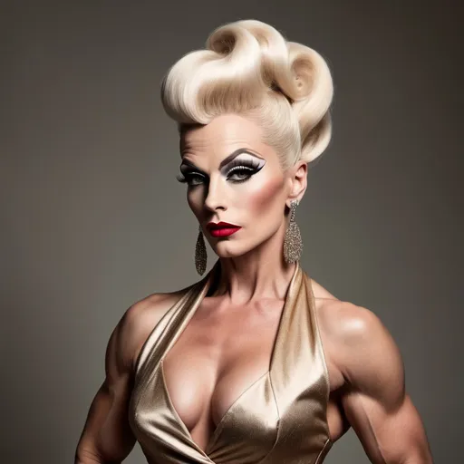 Prompt: Haute couture 35-year-old gorgeous Austrian drag queen bodybuilder of the 30's, retro hair style, elegant and sophisticated full body pose, luxurious fabric with rich textures, high-end fashion photography