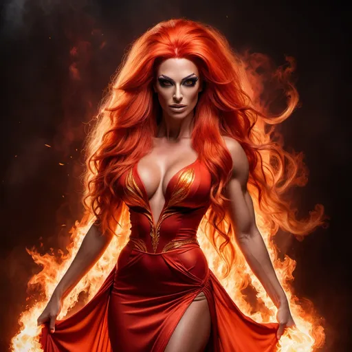 Prompt: Gorgeous ultra-muscular 25-year-old French drag queen bodybuilder with ridiculously long flaming fiery hair, {{ultra definition, concept art, cinematic, epic 4K masterpiece}
a goddess of fire, fiery hair, fieryb eyes, surrounded by fire, tall and evil,
{clothes] red fiery dress, mythology, full body, 8 inch stiletto high heel shoes, highly detailed, digital photography, artstation, concept art, smooth, sharp focus, illustration, 4k,