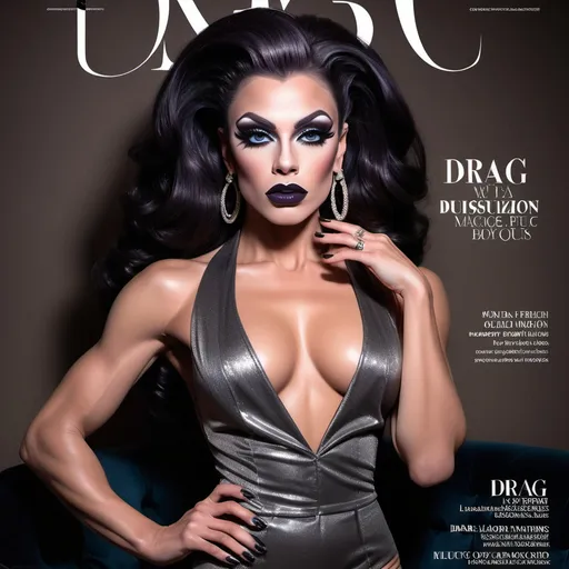 Prompt: High-end fashion magazine (called "DRAG") cover, (stylish ultra-muscular 25-year-old French drag queen bodybuilder model) posing confidently, glamorous high-fashion outfit, dark eye makeup, dark lipstick, elegant accessories, captivating facial features, soft lighting with a luxurious feel, muted color palette, chic background with designer elements, (ultra-detailed) composition, trendy layouts, dramatic title typography, (magazine within a magazine aesthetic).