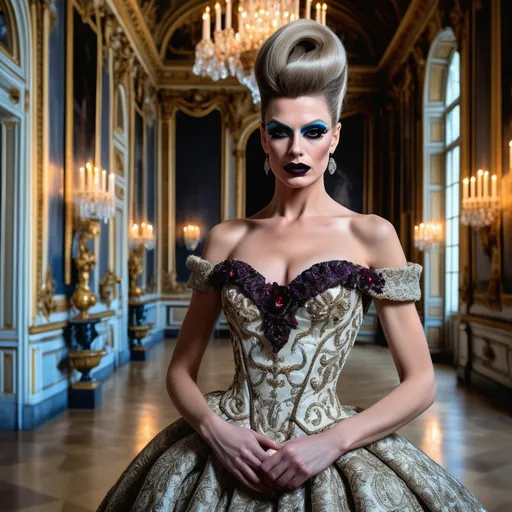 Prompt: Design a modern glamorous wedding dress worn by a real life gorgeous German drag queen ((strong masculine jawline and brow features)) model dress to be daring and glamorous and elegant, dark eye makeup, dark lipstick.  Posing in the Palace of Versailles.