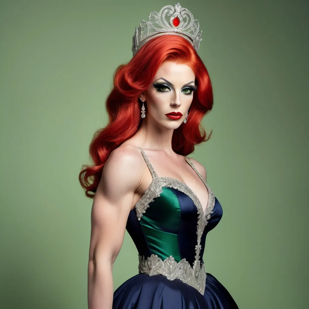 Prompt: A portrayal of a regal looking British drag queen bodybuildet in her early twenties, with bright red hair, a silver circlet on top of her head, mesmerising green eyes, high cheekbones, fair skin, narrow waist, slim complexion, wearing an elegant dark navy ball gown with intricate embroidered details and 8 onch stiletto high heel shoes, standing on a majestic staircase.