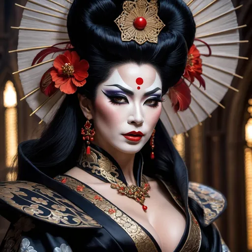 Prompt:  a close up portrait of a gorgeous muscular evil drag queen geisha (with masculine facial features) in a dark gothic cathedral, large busom, Rococo, Hyperdetailed, Delicate; Royo, Bagshaw, Chevrier, Lou Xaz, Ferri, Kaluta, Minguez, Mucha, Simon Dewey, WLOP, Greg Olsen, Artgerm. Cinematic, 8K, Detailed cityscape in steampunk style on the background :: hyperdetailed, maximalist intricately detailed, 8k resolution concept art, detailed matte painting, hyperdetailed, Splash art, trending on Artstation, Unreal Engine, Octane Render