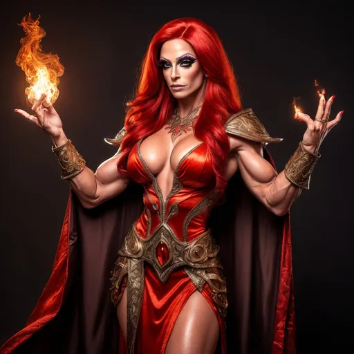 Prompt: Full Body visible, Side Profile, fantasy, olive-skinned-human ((gorgeous muscular 35-year-old French drag queen bodybuilder)), ((detailed drag queen facial features and Dead Glowing Red eyes)) Wizard, long bright brilliant fire Red hair, and with vibrant Brown eyes with a very stern and serious face looking at the viewer, wearing adventurer's intricate Wizard Robes standing casting a powerful Necromancy spell while leading an army of the dead behind him intricate hyper detailed hair, intricate hyper detailed eyelashes, intricate hyper detailed shining pupils #3238, UHD, hd , 8k eyes, detailed face, big anime dreamy eyes, 8k eyes, intricate details, insanely detailed, masterpiece, cinematic lighting, 8k, complementary colours, golden ratio, octane render, volumetric lighting, unreal 5, artwork, concept art, cover, top model, light on hair colourful glamorous hyper detailed, intricate hyper detailed breathtaking colourful leading an army of the dead, ultra-fine details, hyper-focused, deep colours, dramatic lighting, ambient lighting god rays,