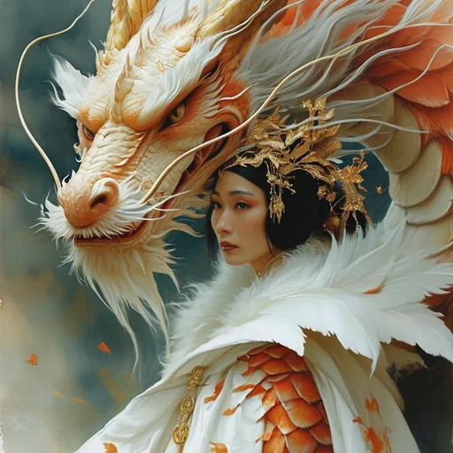 Prompt: Intricate full-length portrait of a Chinese dragon radiating power with golden, shimmering scales, arched gracefully, muscular 30-year-old Japanese drag queen bodybuiler, flowing white robes beside, wings massive and outstretched, serene, warm, tranquil ambiance, soft watercolor aesthetic, dragon and angel as focal points, harmony of contrasting yet complementary natures, art by Stanley Artgerm Lau, Charlie Bowater, Atey Ghailan, Mike Mignola