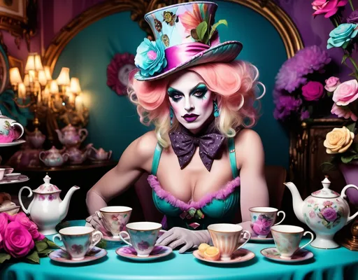 Prompt: If the Mad Hatter was a gorgeous hyper-muscular 25-year-old drag queen bodybuilder with Dark eye makeup and dark lipstick. Wearing 8 inch stiletto high heel shoes. Having a tea party.